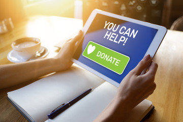 Help and donation button on device screen. - obrazy, fototapety, plakaty