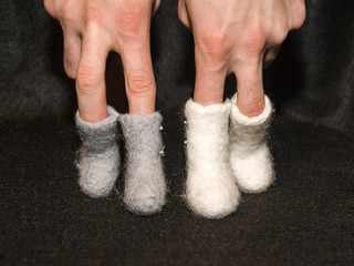Little felt boots. Fashion show. Funny picture.