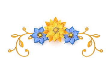 Paper cut design with flower composition. Beautiful background with paper flowers and leaves in yellow and blue colour. Element of frame for fantasy floral greeting card. Vector illustration