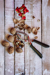 composition taken from above of vintage white wooden table with old broken walnuts and whole walnuts and in the middle illuminated with natural light of day and vase detail with red flowers