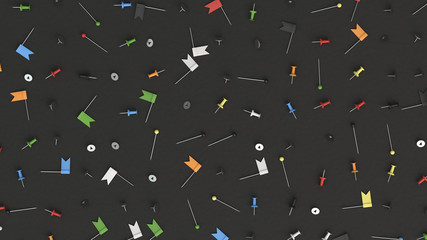 Pattern from colorful push pins on black background