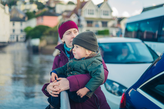 Young woman and toddler on car ferry
