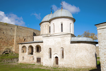 Fototapeta na wymiar Medieval Assumption Church in the Ivangorod Fortress close up