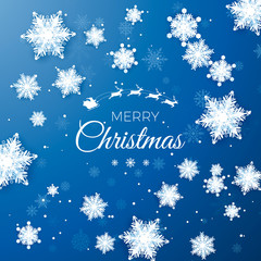 Fototapeta na wymiar Merry Christmas greetings card. Origami snowfall. White paper cut snow flake. Happy New Year. Space for text. Winter snowflakes background. Vector illustration on blue background