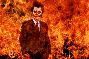 Skull face guy makeup in Flame buring scene.