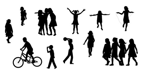 Editable silhouettes of children in various poses. Children play, chat, walk, run, vector illustration in flat style.