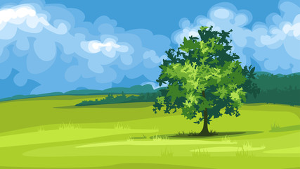 Landscape with single tree, vector illustration