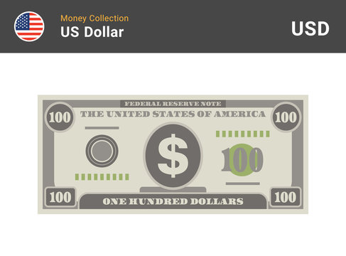 100 US Dollar bill. American money banknote. Currency vector set. Stylized drawing of bills. Flat vector illustration.