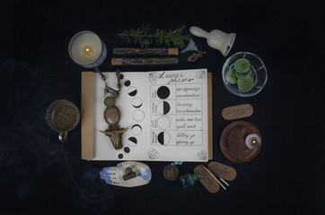 Book of Shadows with lunar phases on black altar. 