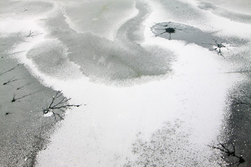 cracked ice on river in winter