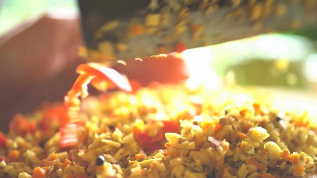 Balinese Belakas used on chopping board to prepare Basa gede using traditional spices in Asian kitchen