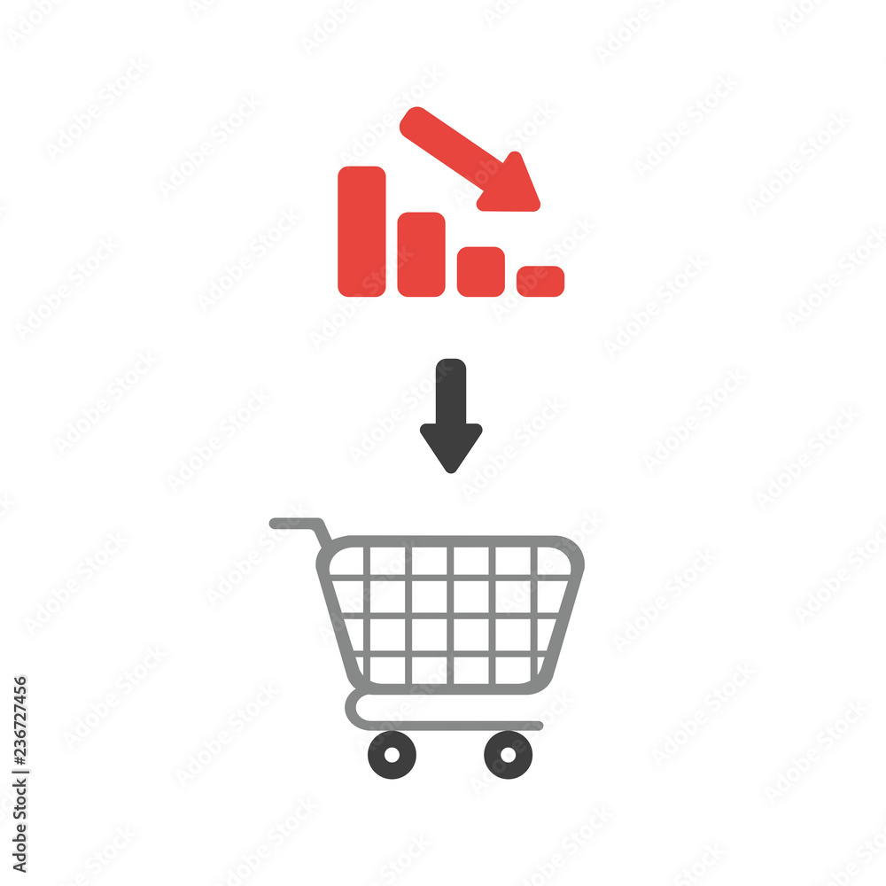 Poster vector icon concept of shopping cart with bar graph moving down