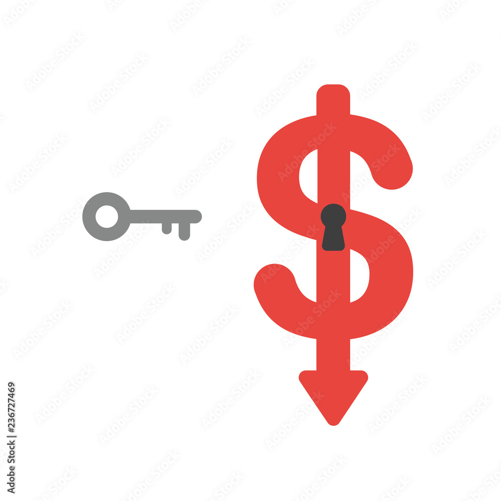 Poster vector icon concept of key and dollar symbol with keyhole moving down