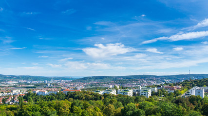 Fototapeta na wymiar Germany, View over houses of Stuttgart Killesberg and neckar valley to television tower