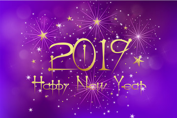 2019 hand written lettering with golden Christmas stars on purple violet background. Happy New Year card design. Vector illustration.