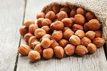 Chiselled hazelnuts in a bag of burlap on a gray wooden table. Organic Fresh Harvested