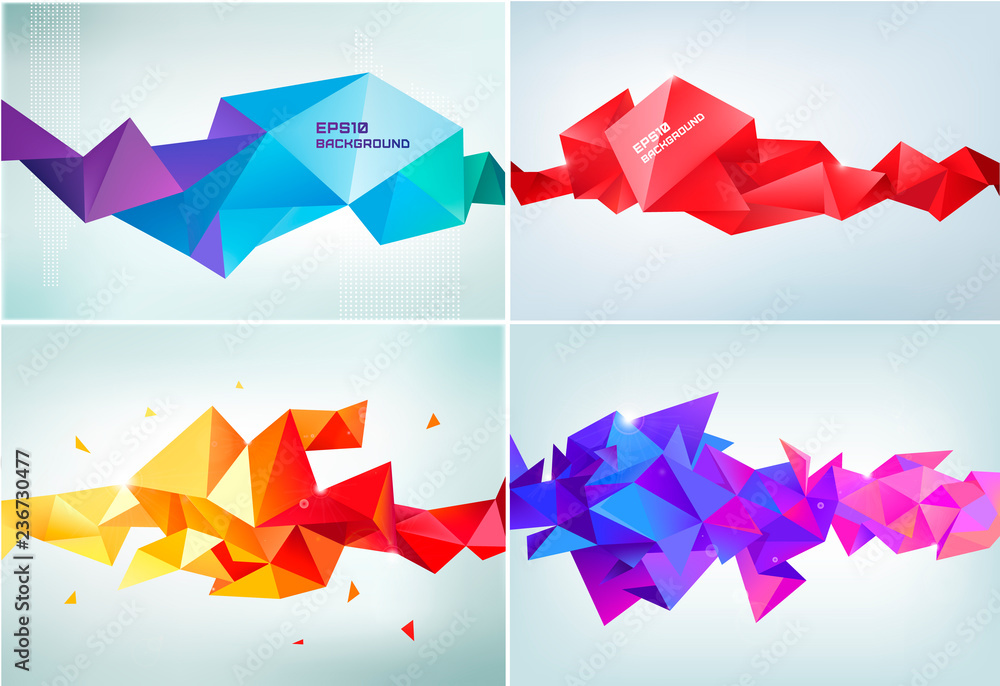 Wall mural vector set of abstract geometric 3d facet shapes, horizontal banners, backgrounds, wallpapers.