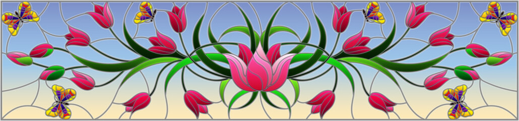 Illustration in stained glass style with pink tulips and butterflies on sky background, horizontal orientation