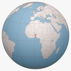Benin on the globe. Earth hemisphere centered at the location of the Republic of Benin. Benin map.