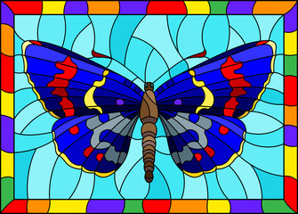Illustration in stained glass style with bright blue moth on a blue background in a bright frame