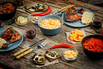 American cuisine, Dinner table, Roast chicken, stewed mushrooms
