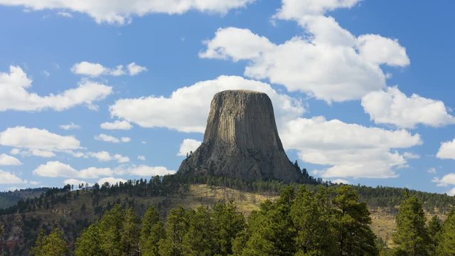 Time lapse sunrise view of Devils Tower USA Wyoming a National Monument Mountain Black Hills famous for the film Close Encounters 