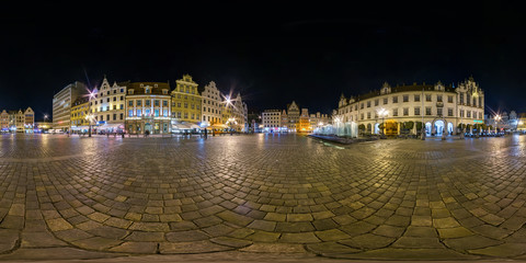  full seamless spherical night panorama 360 degrees district Ostrow Tumski with spires of gothic...