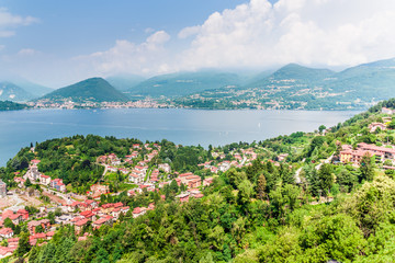 Fototapeta na wymiar Aerial view of Laveno, Lombardy, Italy, on the edge of Lake Maggiore.