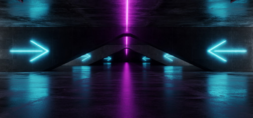 Empty Dark Grunge Concrete Old Sci Fi Modern Futuristic Underground Tunnel With Neon Arrow Blue And Purple Lights 3D Rendering