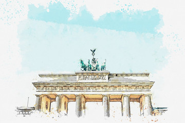 A watercolor sketch or illustration of the Brandenburg gate in Berlin, Germany. Architectural monument in historic center of Berlin. © franz12