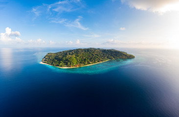 Aerial view tropical beach island reef caribbean sea. Indonesia Moluccas archipelago, Banda...