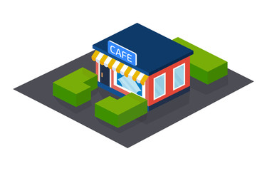 Exterior of facade, building of street cafe, restaurant, with landscape.