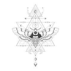Vector illustration with hand drawn dead head moth and Sacred geometric symbol on white background. Abstract mystic sign.
