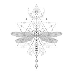 Vector illustration with hand drawn dragonfly and Sacred geometric symbol on white background. Abstract mystic sign.