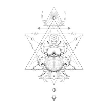 Vector illustration with hand drawn scarab and Sacred geometric symbol on white background. Abstract mystic sign.