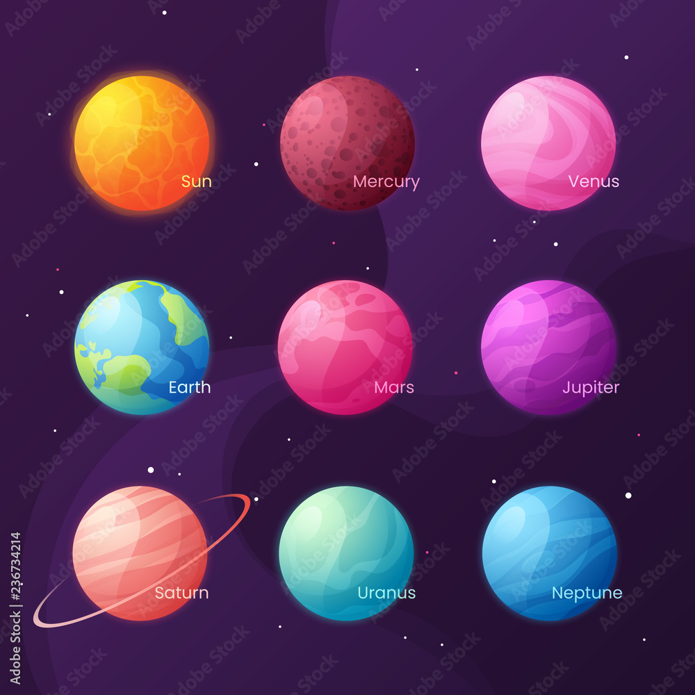 Wall mural the solar system. colorful cartoon set with sun and planets. vec