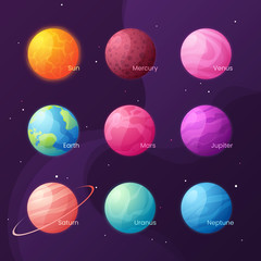 The Solar system. Colorful cartoon set with sun and planets. Vec © rikkyal