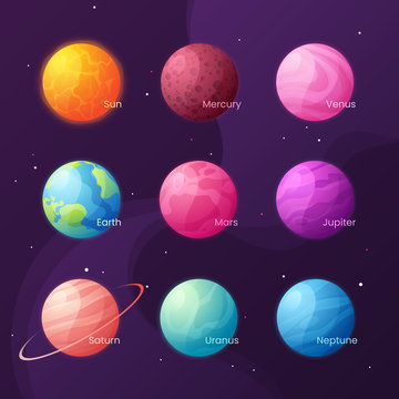The Solar system. Colorful cartoon set with sun and planets. Vec