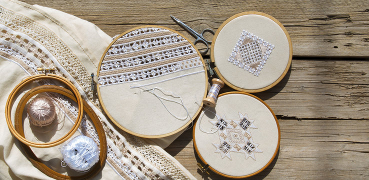 Hardanger embroidery on the table