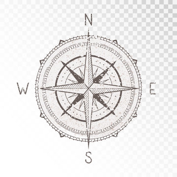 Vector illustration with a vintage textured compass or wind rose and grunge texture elements on transparent background.