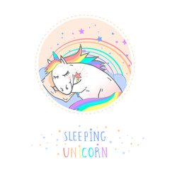 Vector sticker or icon with hand drawn sleeping unicorn,magic wand and text - SLEEPING UNICORN on withe background.