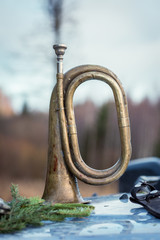 autumn is a hunting season; attribute hunting - hunting horn, fir branches and knife holder