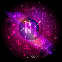 Vector illustration of sign and constellation VIRGO with Horoscope circle against the space background.