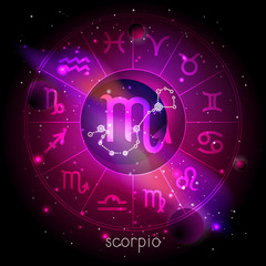 Vector illustration of sign and constellation SCORPIO with Horoscope circle against the space background.