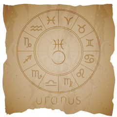 Vector illustration with Hand drawn astrological planet symbol URANUS on a grunge old background.