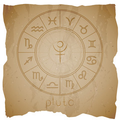 Vector illustration with Hand drawn astrological planet symbol PLUTO on a grunge old background.