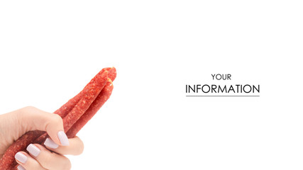 smoked sausages in hand pattern on a white background isolation