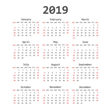 Calendar 2019 year in simple style. Calendar planner design template. Agenda monthly template. Business vector illustration.