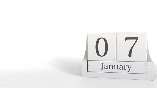 Cube calendar shows January 7 date. 3D animation