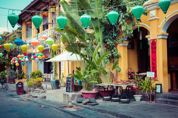 Hoian Ancient town houses. Colourful buildings with festive silk lanterns. UNESCO heritage site. Vietnam.
